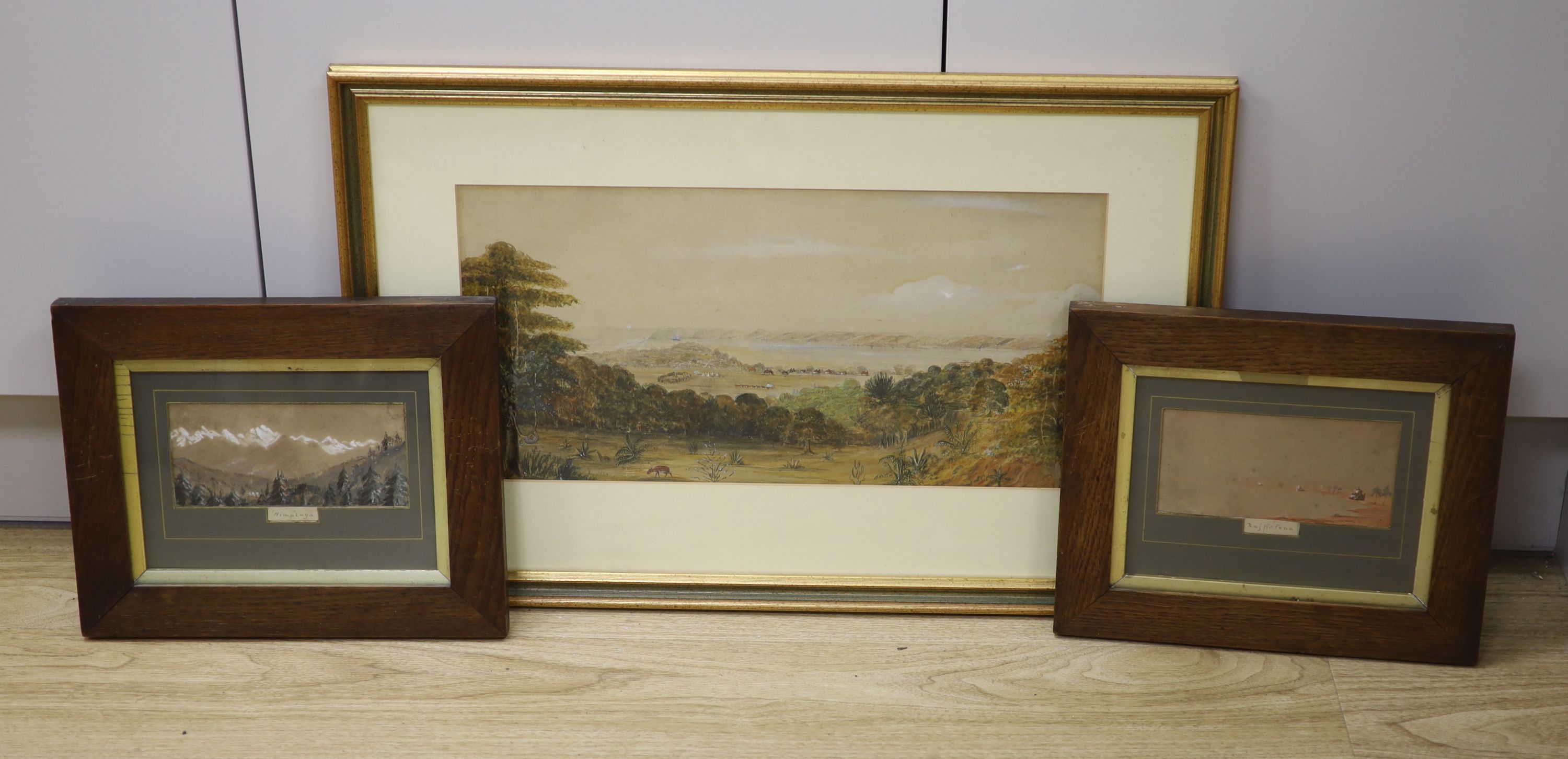 19th century English School, watercolour, 'Natal Bay and Durban from the Berea 1849', 23 x 47cm, with two small views of 'Himalaya' and 'Rajpotana', 8 x 17cm